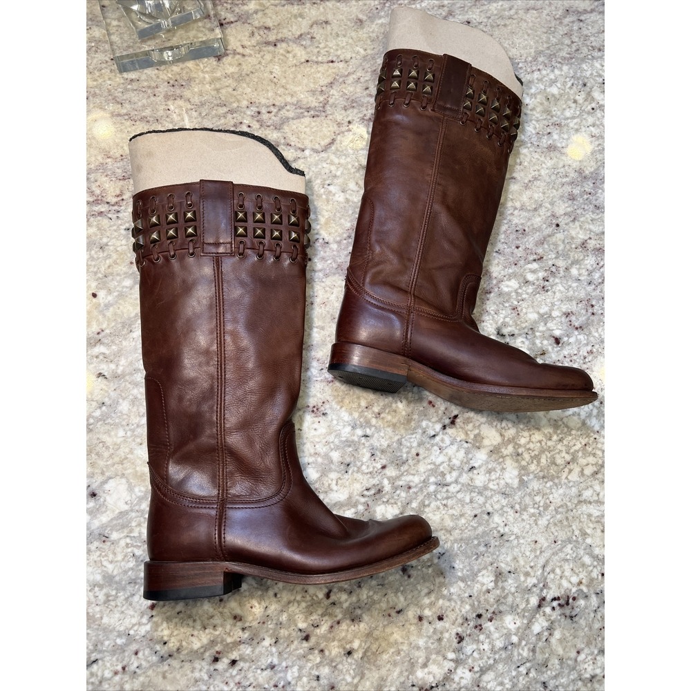 SENDRA GOODYEAR WELTED Brown WIDE CALF Leather Boots w/Bronze Studs 7M/8 SPAIN - Picture 3 of 13